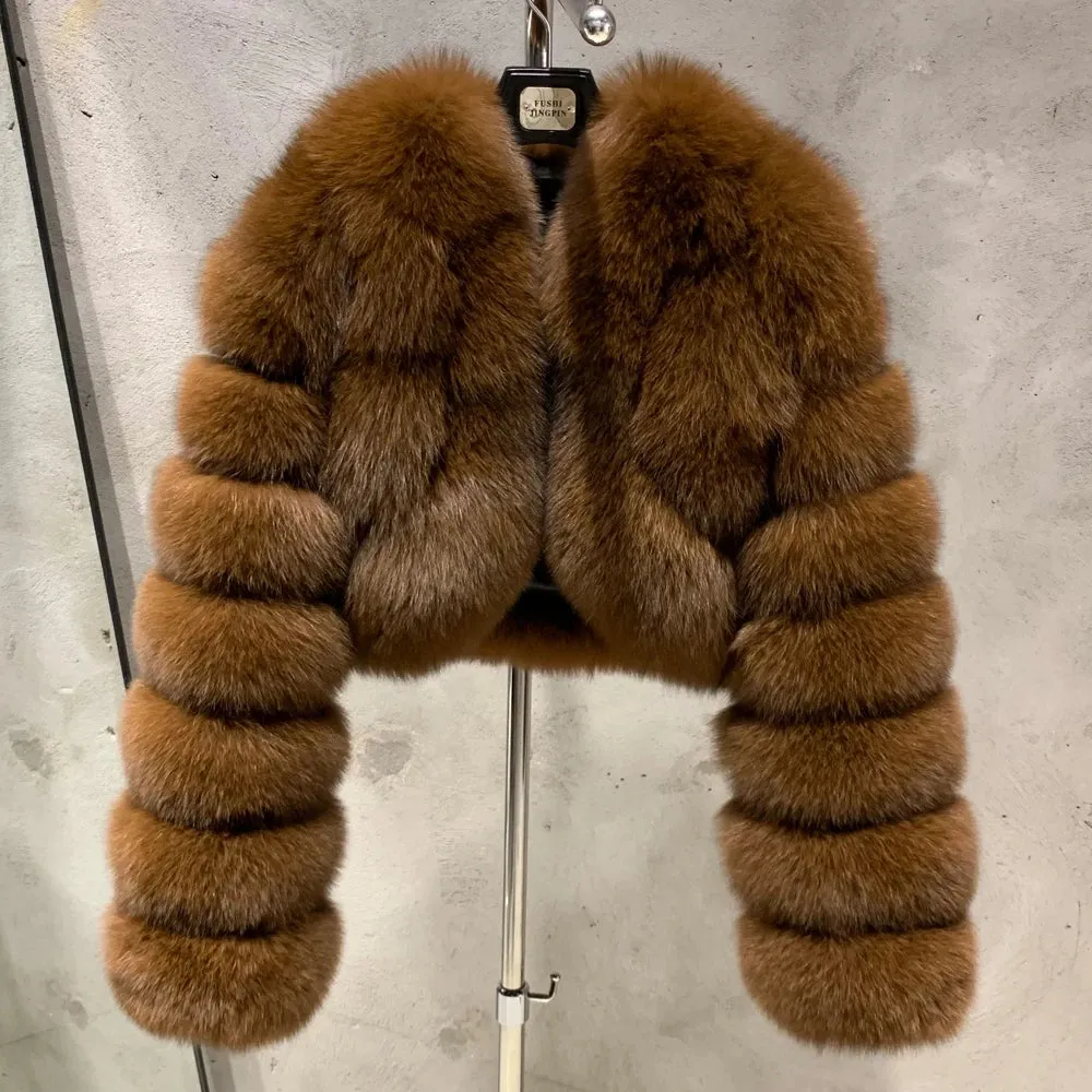 100% Real Fox Fur Cropped Bomber Coat