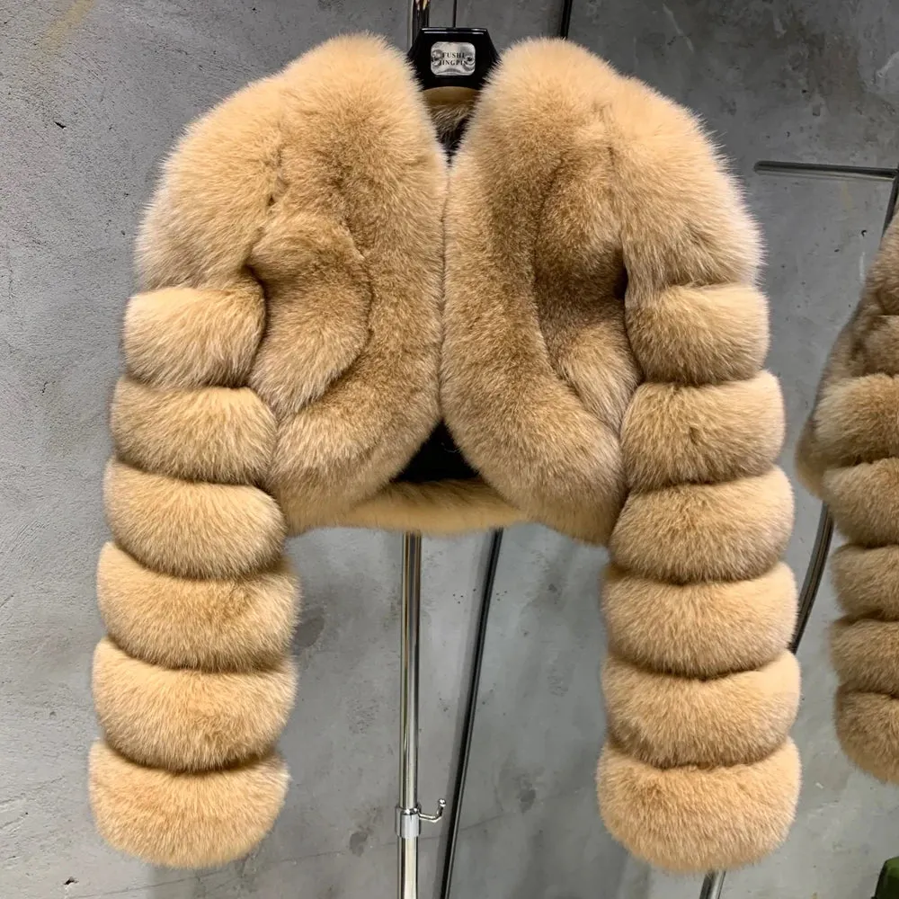 100% Real Fox Fur Cropped Bomber Coat