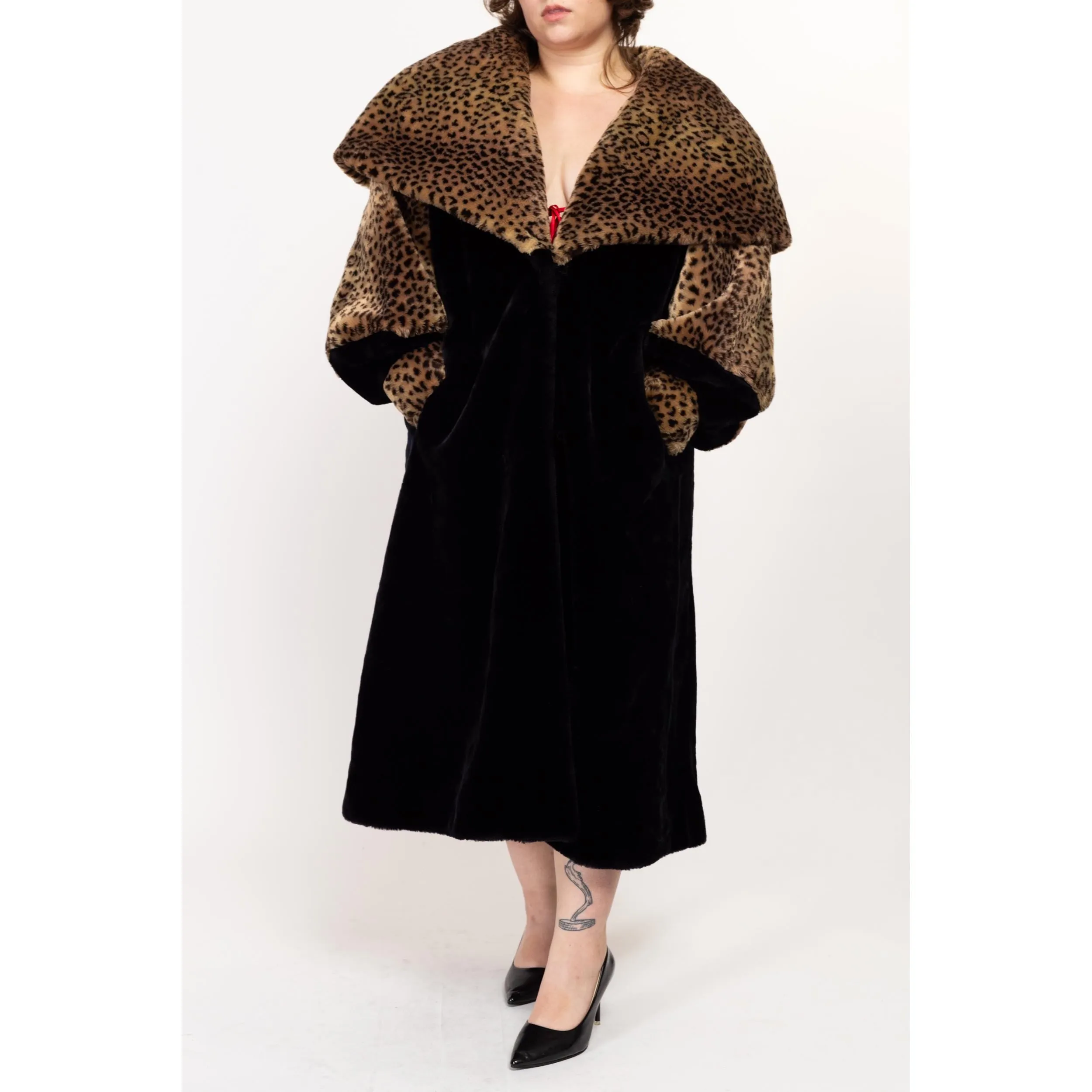 1X 80s Does 50s Faux Fur Leopard Print Hooded Maxi Princess Coat