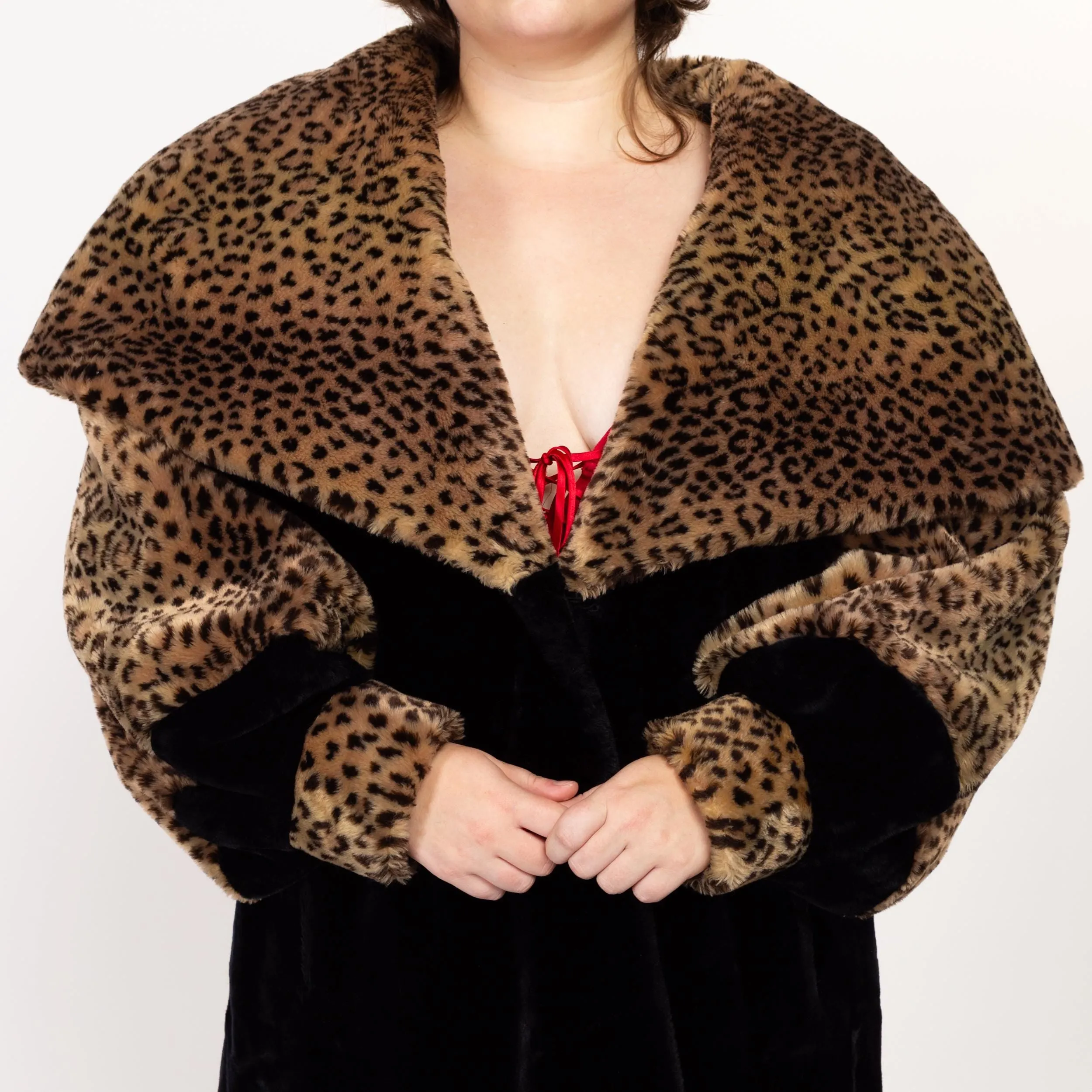 1X 80s Does 50s Faux Fur Leopard Print Hooded Maxi Princess Coat