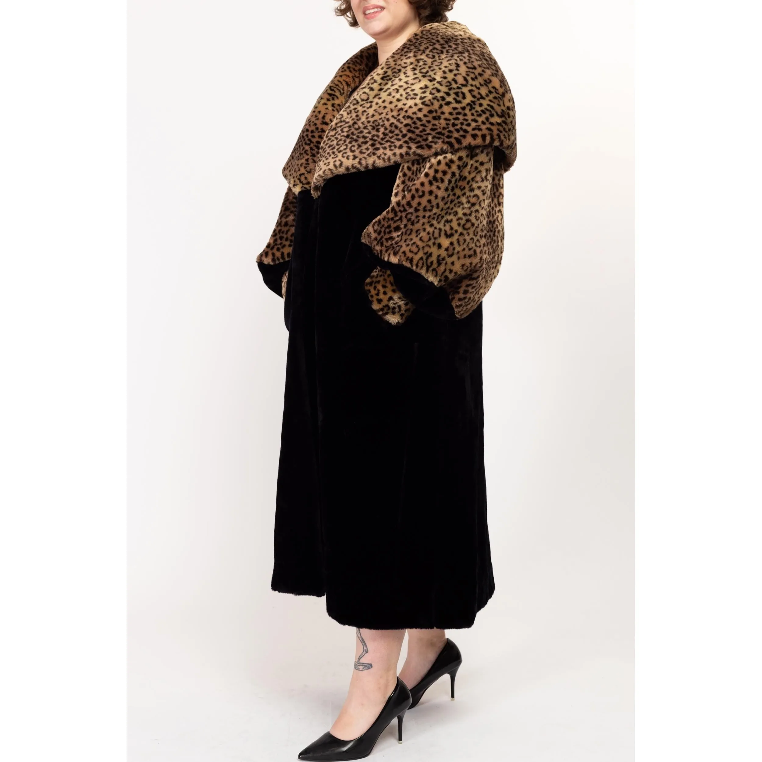 1X 80s Does 50s Faux Fur Leopard Print Hooded Maxi Princess Coat