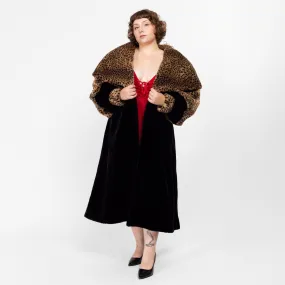 1X 80s Does 50s Faux Fur Leopard Print Hooded Maxi Princess Coat