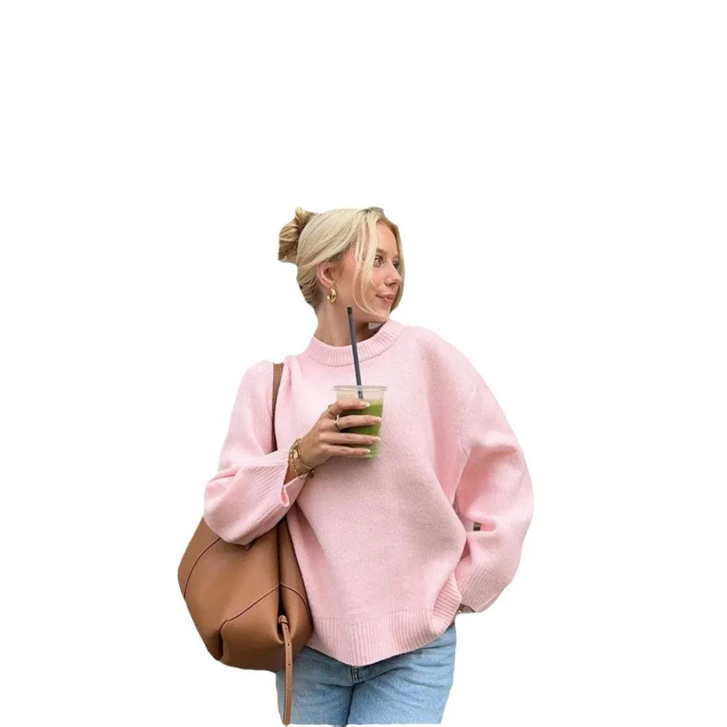 Advbridge fall outfits women 2024 Fashion round Neck Barbie Pink Loose Casual Pullover Long Sleeve Sweater