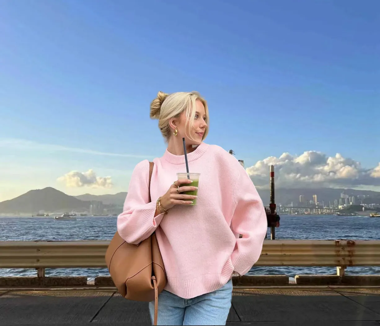 Advbridge fall outfits women 2024 Fashion round Neck Barbie Pink Loose Casual Pullover Long Sleeve Sweater