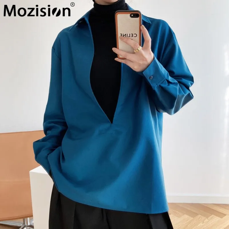 Amozae-- 2024 Spring New V Neck Shirt Women's Solid Full Sleeve Loose Tops Ladies Casual Pullover Shirts Fashion Tide