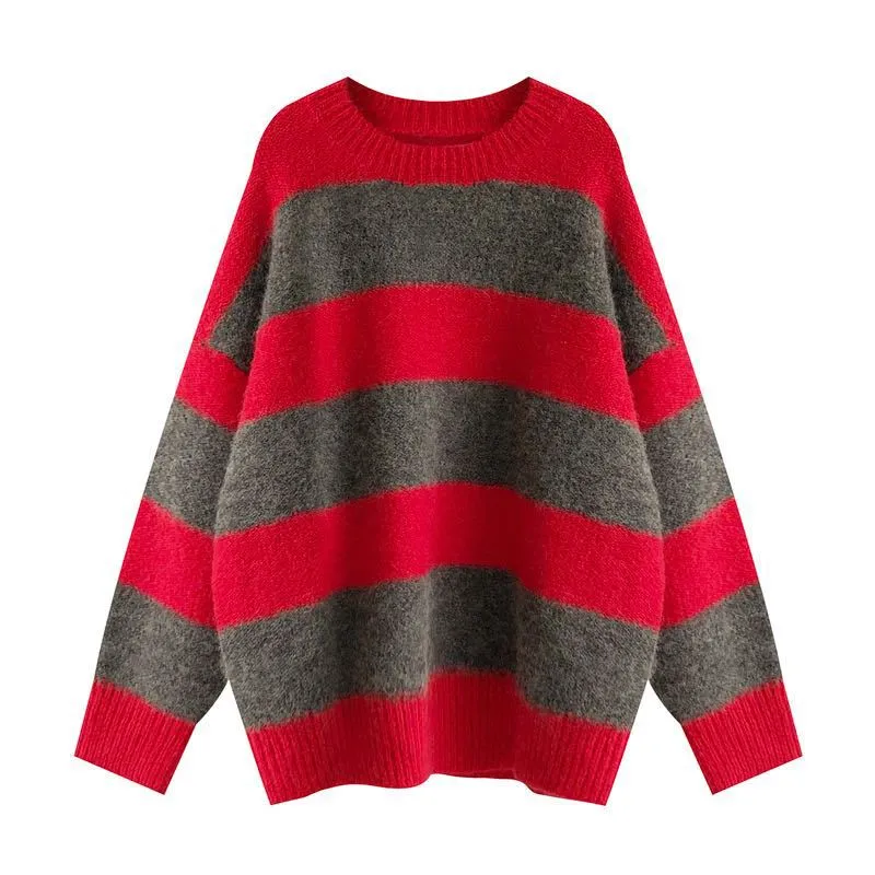 Amozae fall outfits women Women's Knitwear Autumn and Winter New Lazy Style Contrast Color Striped Loose round Neck Long Sleeve Sweater Early Autumn Top