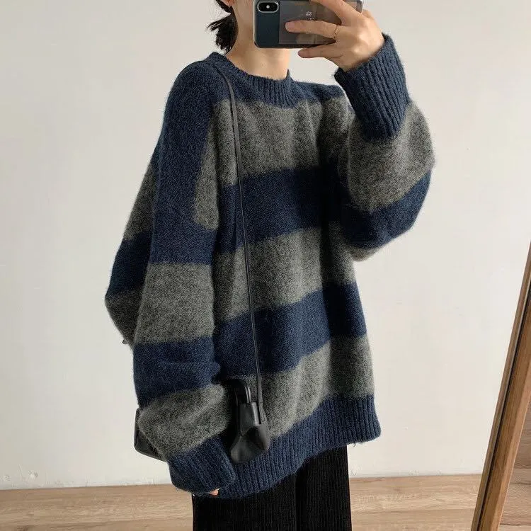 Amozae fall outfits women Women's Knitwear Autumn and Winter New Lazy Style Contrast Color Striped Loose round Neck Long Sleeve Sweater Early Autumn Top