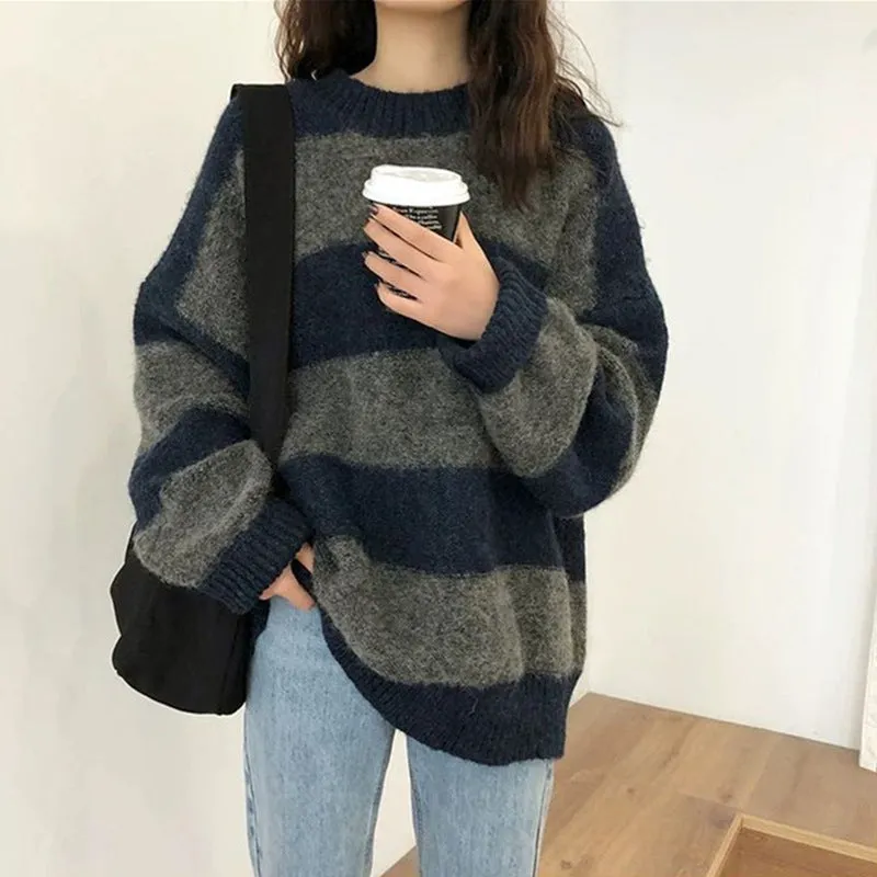 Amozae fall outfits women Women's Knitwear Autumn and Winter New Lazy Style Contrast Color Striped Loose round Neck Long Sleeve Sweater Early Autumn Top