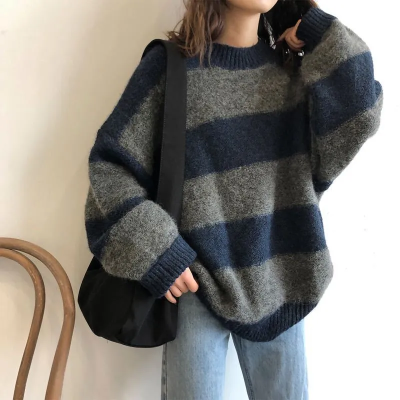 Amozae fall outfits women Women's Knitwear Autumn and Winter New Lazy Style Contrast Color Striped Loose round Neck Long Sleeve Sweater Early Autumn Top