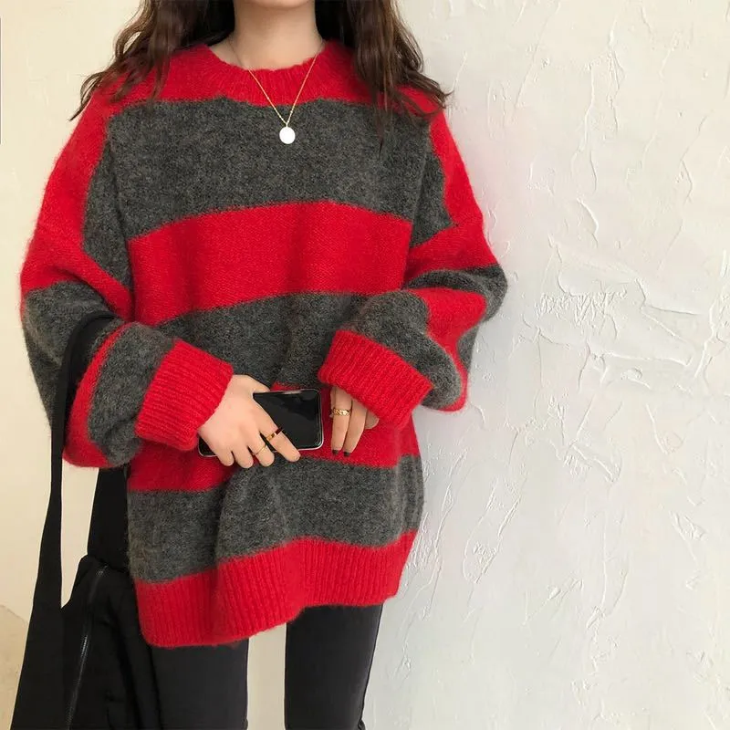 Amozae fall outfits women Women's Knitwear Autumn and Winter New Lazy Style Contrast Color Striped Loose round Neck Long Sleeve Sweater Early Autumn Top