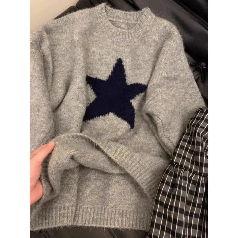 Amozae grunge outfits Soft Glutinous Gray College Style Autumn and Winter Sweater Women's Loose Lazy Style Five-Pointed Star round Neck Pullover Sweater Women's Top