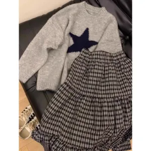 Amozae grunge outfits Soft Glutinous Gray College Style Autumn and Winter Sweater Women's Loose Lazy Style Five-Pointed Star round Neck Pullover Sweater Women's Top