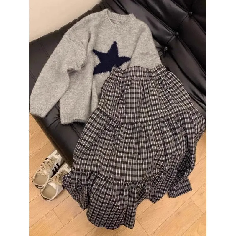 Amozae grunge outfits Soft Glutinous Gray College Style Autumn and Winter Sweater Women's Loose Lazy Style Five-Pointed Star round Neck Pullover Sweater Women's Top