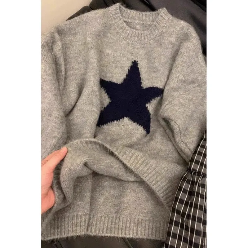 Amozae grunge outfits Soft Glutinous Gray College Style Autumn and Winter Sweater Women's Loose Lazy Style Five-Pointed Star round Neck Pullover Sweater Women's Top