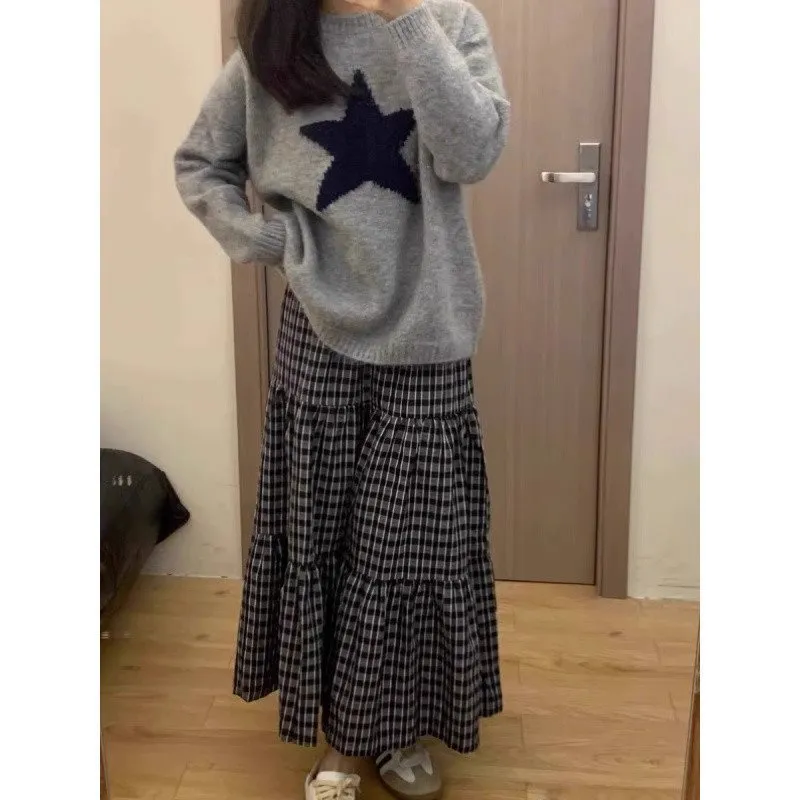 Amozae grunge outfits Soft Glutinous Gray College Style Autumn and Winter Sweater Women's Loose Lazy Style Five-Pointed Star round Neck Pullover Sweater Women's Top