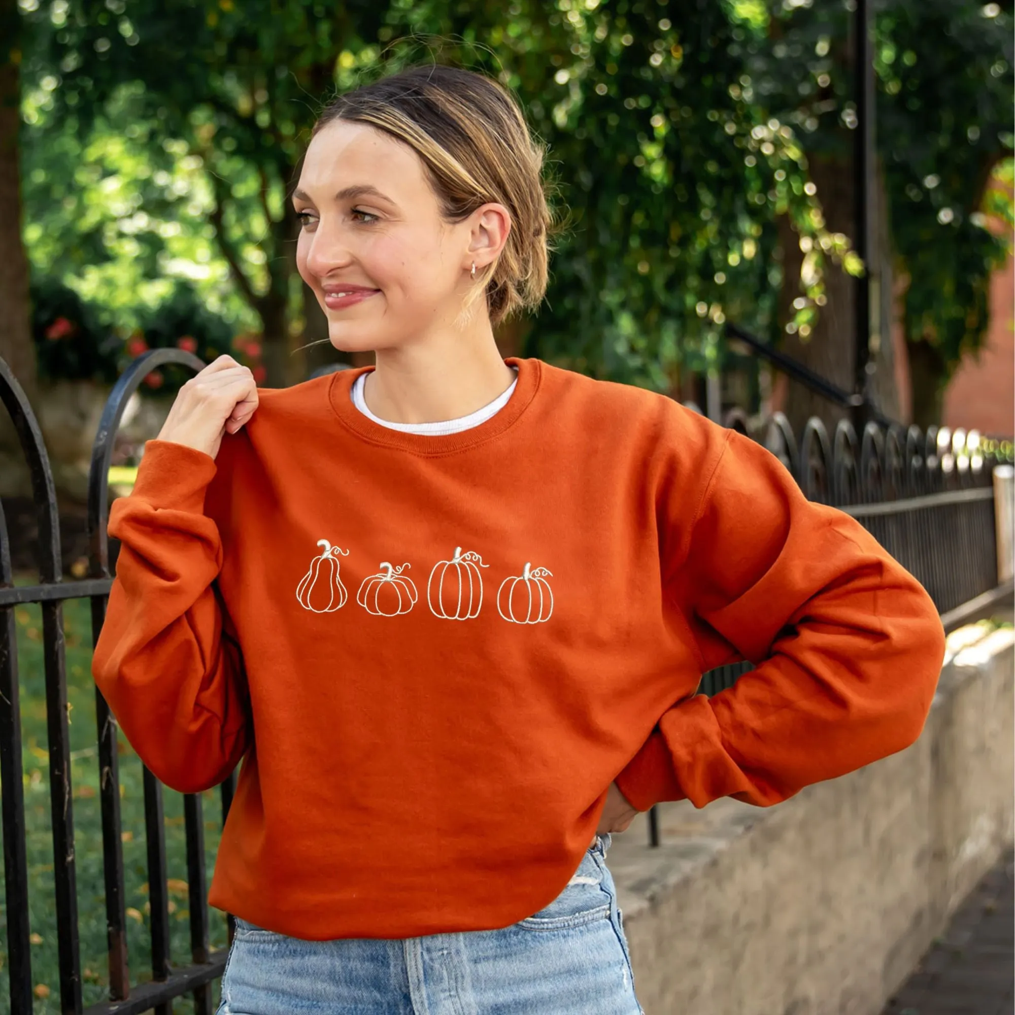 Autumnal Pumpkins Embroidered Crewneck Sweatshirt