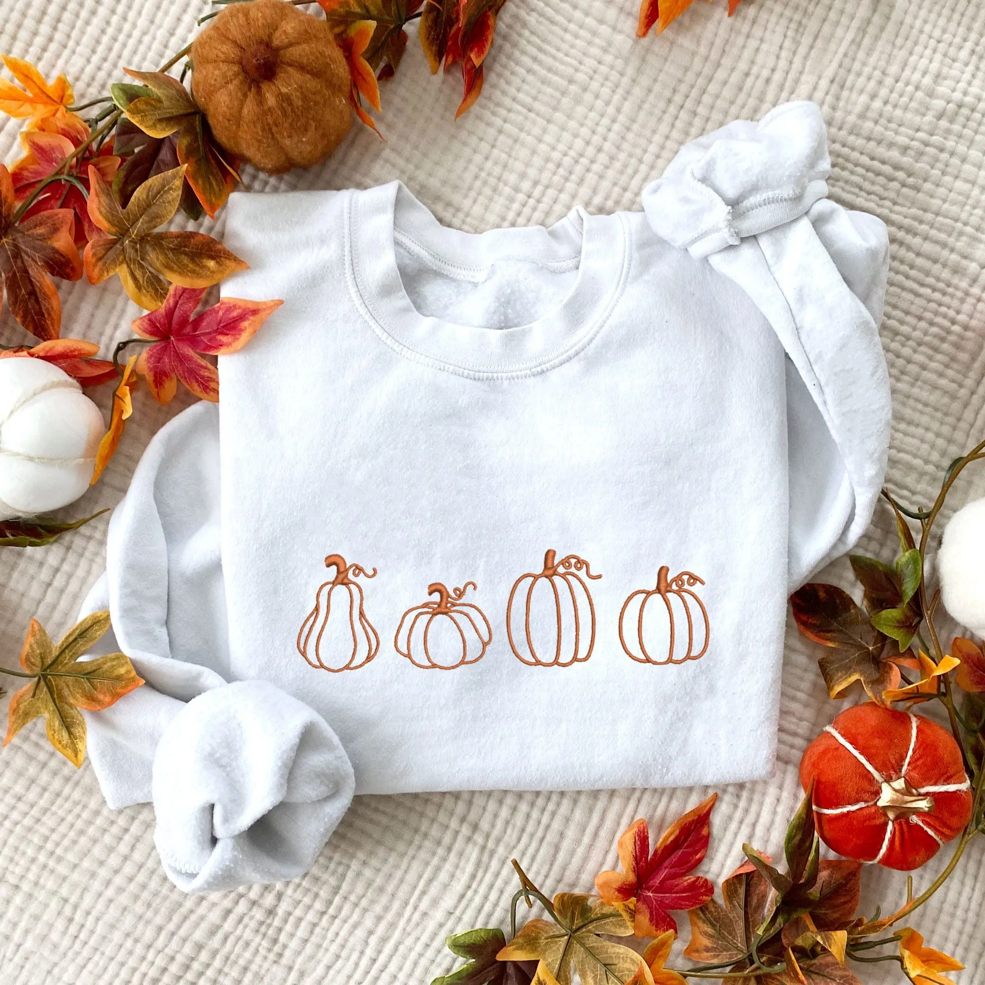 Autumnal Pumpkins Embroidered Crewneck Sweatshirt