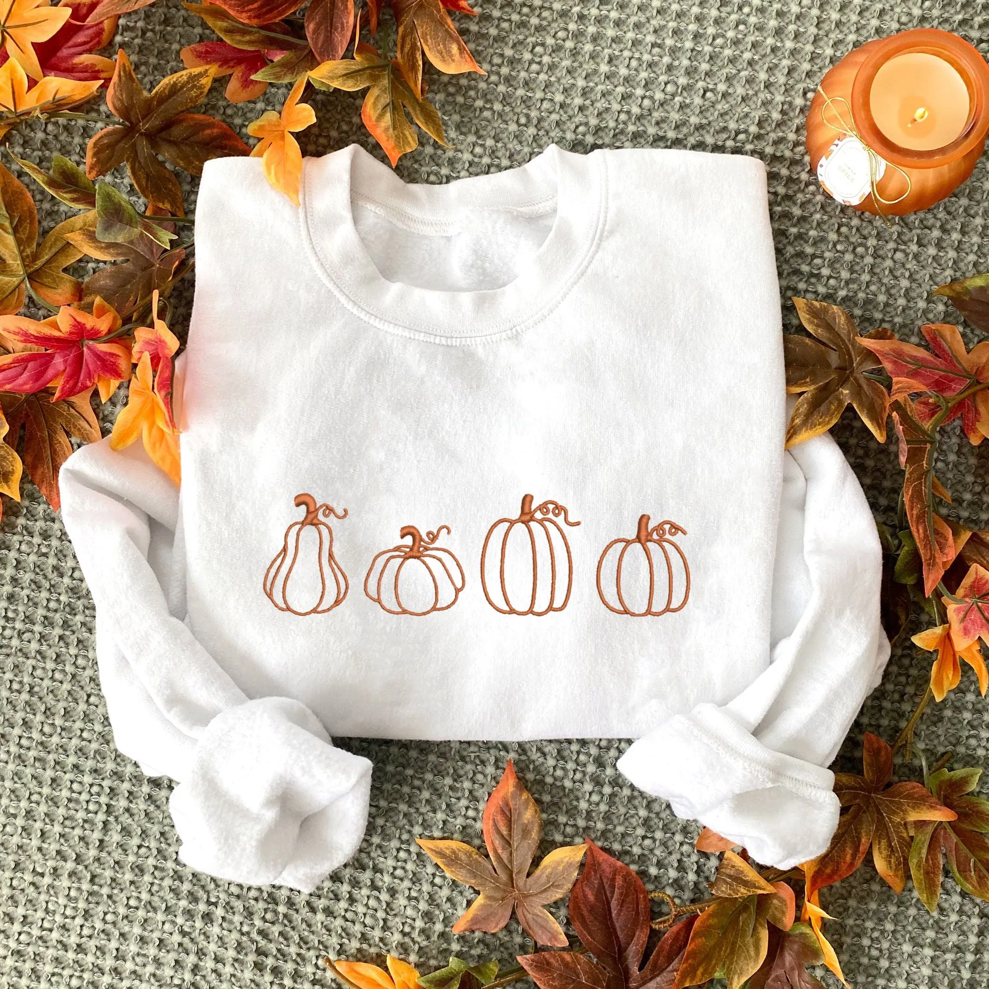 Autumnal Pumpkins Embroidered Crewneck Sweatshirt