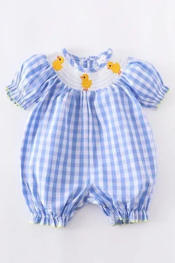 Baby Girl Blue Gingham Smocked Chick Romper