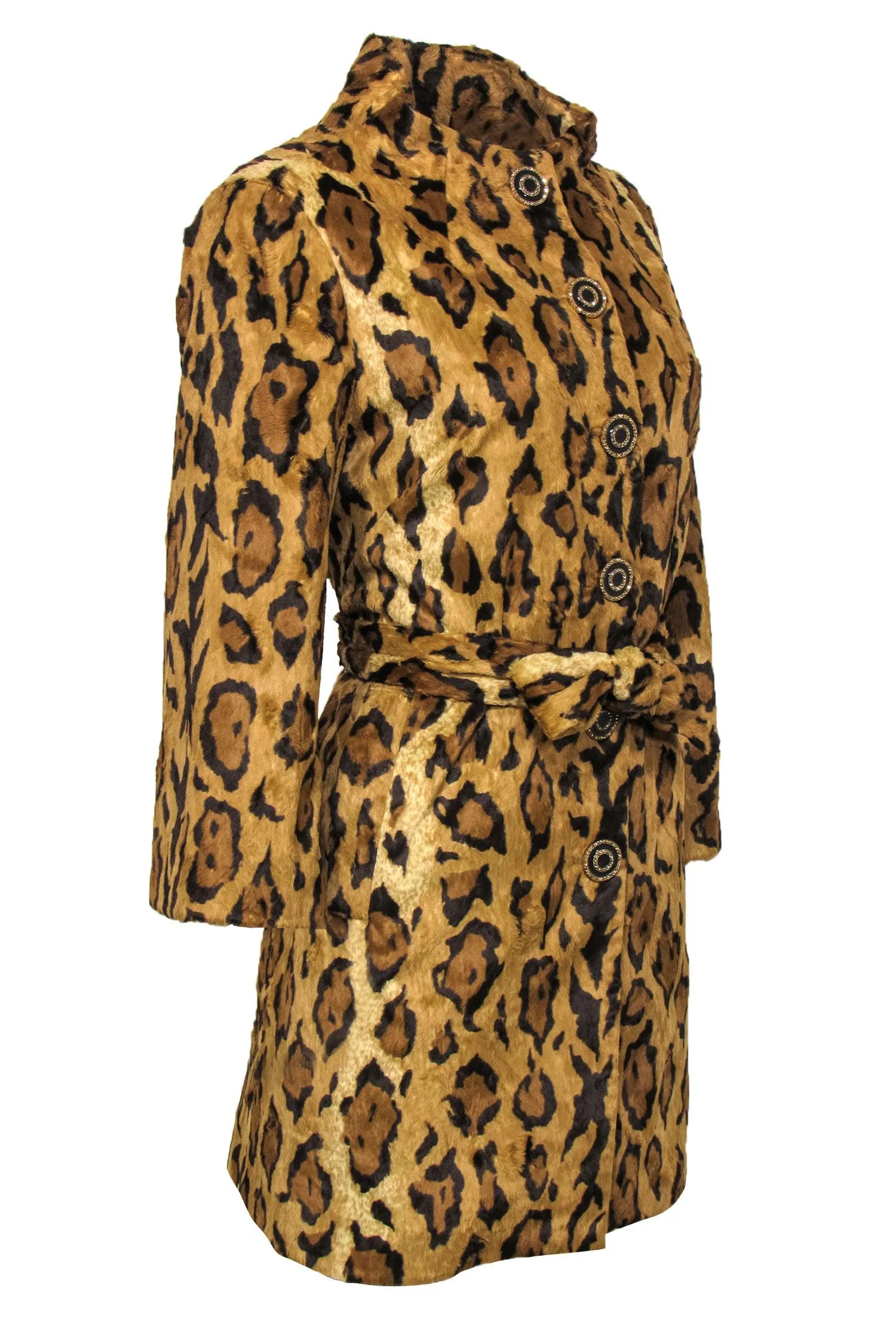 Beth Bowley - Tan Leopard Print Faux Fur Button-Up Trench Coat Sz 10