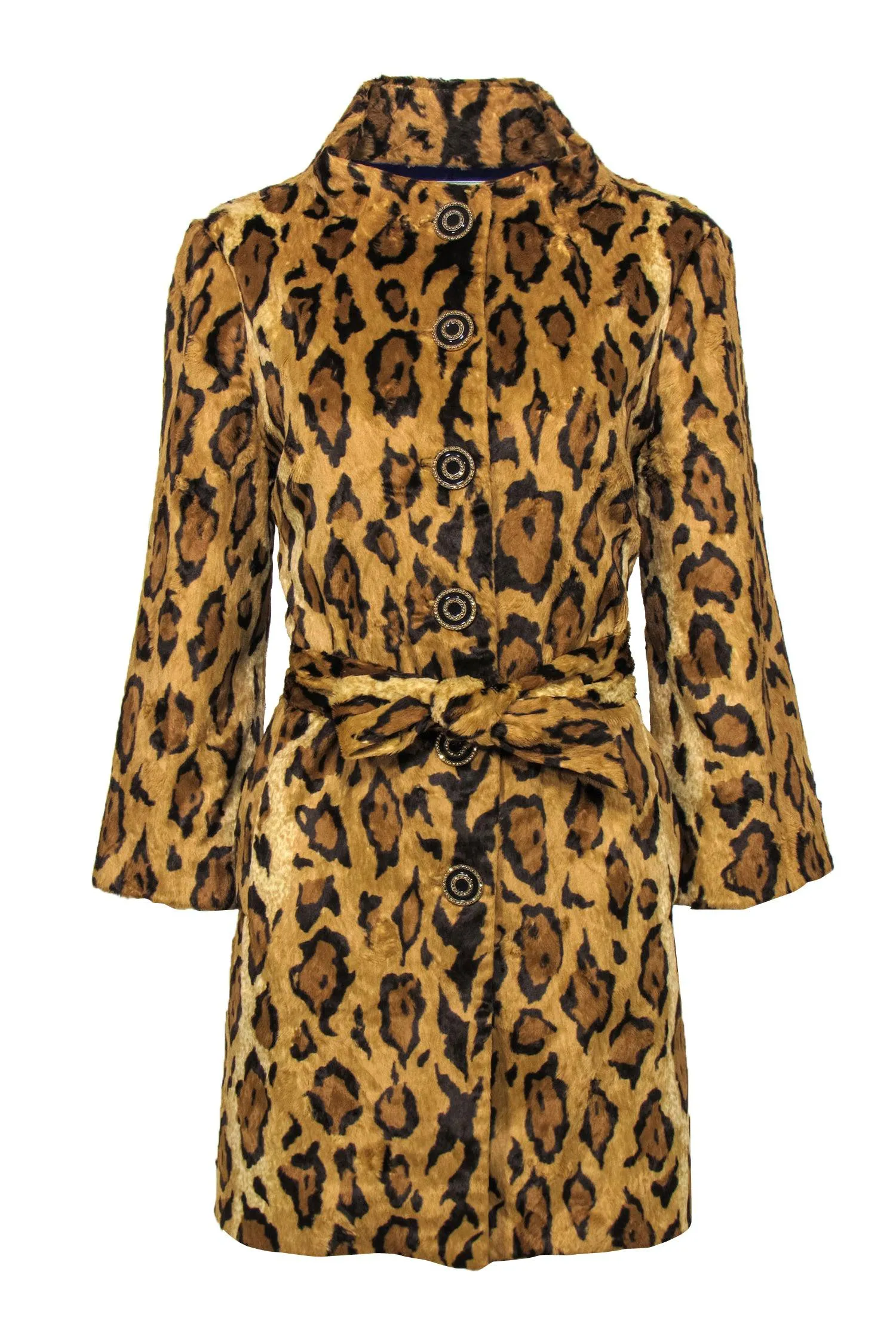 Beth Bowley - Tan Leopard Print Faux Fur Button-Up Trench Coat Sz 10