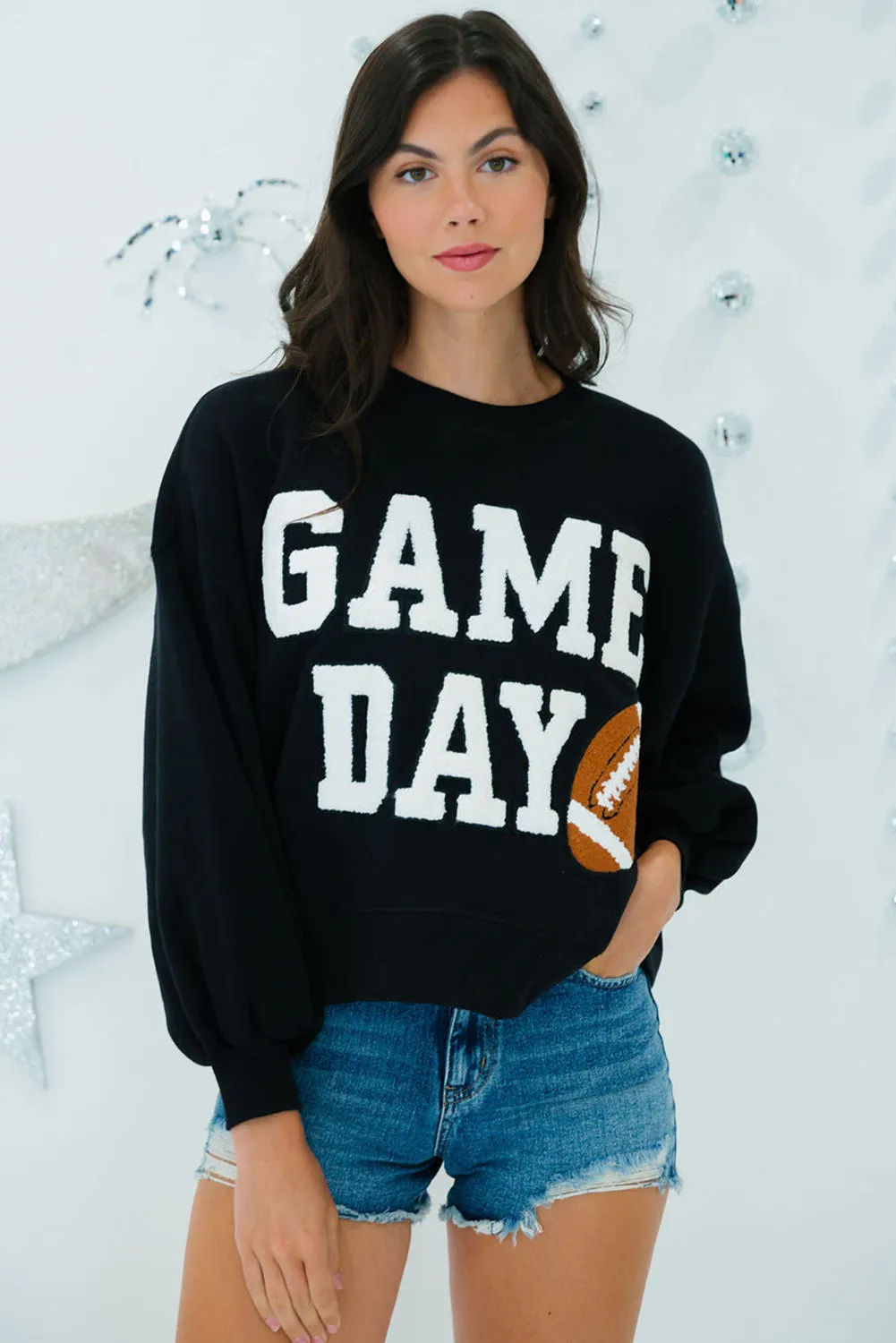 Black GAME DAY Graphic Varsity Pullover Sweatshirt