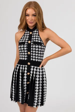 Black Houndstooth Buttoned Halter Mini Dress