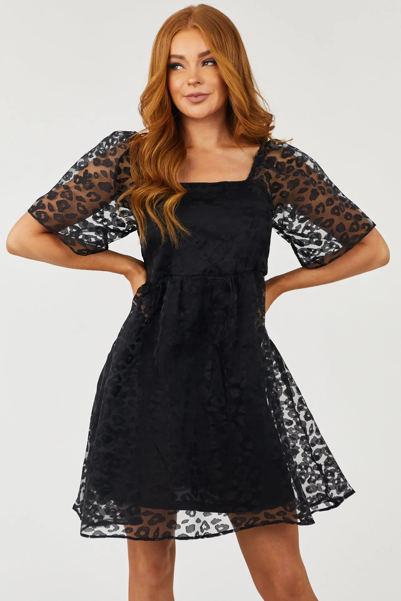 Black Leopard Print Short Sleeve Mini Dress