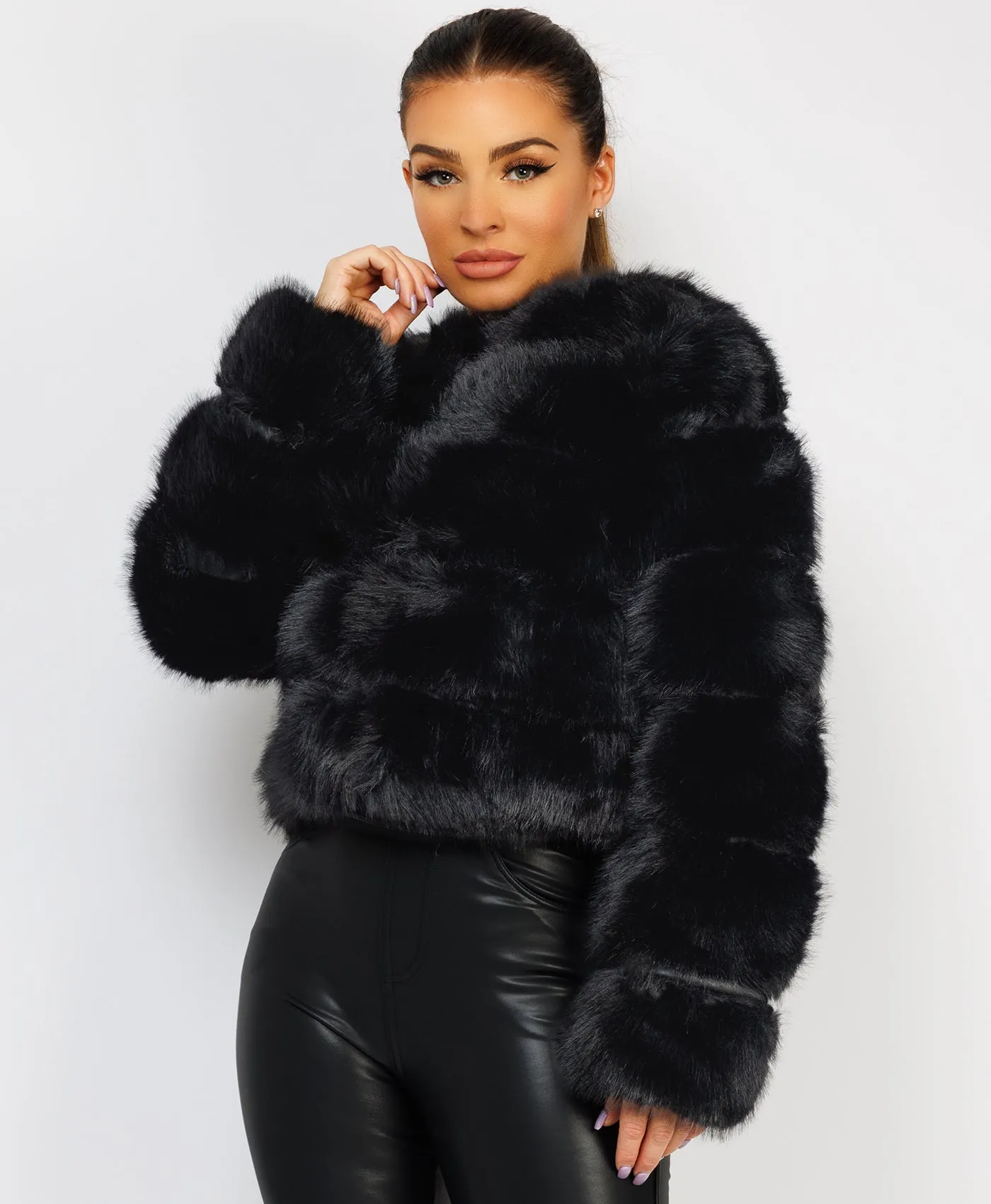 Black Premium Faux Fur Tiered Coat Jacket