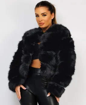 Black Premium Faux Fur Tiered Coat Jacket