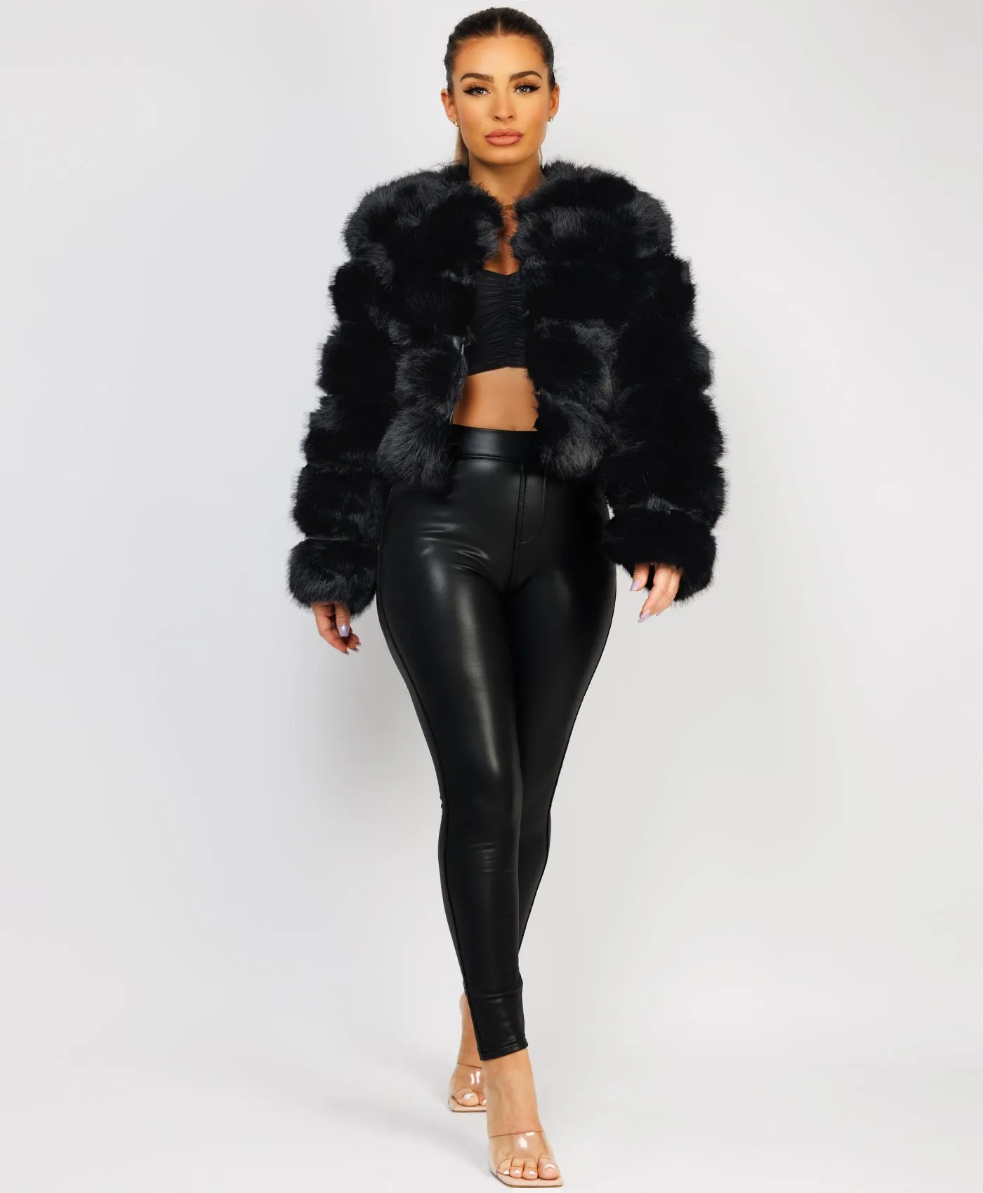 Black Premium Faux Fur Tiered Coat Jacket