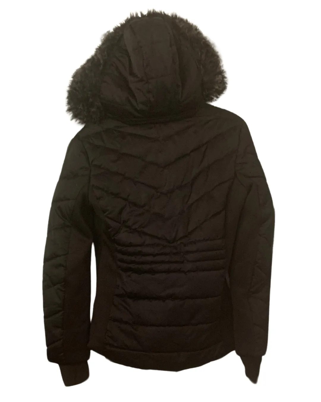 Black Puffer Coat with Faux Fur Hood; M