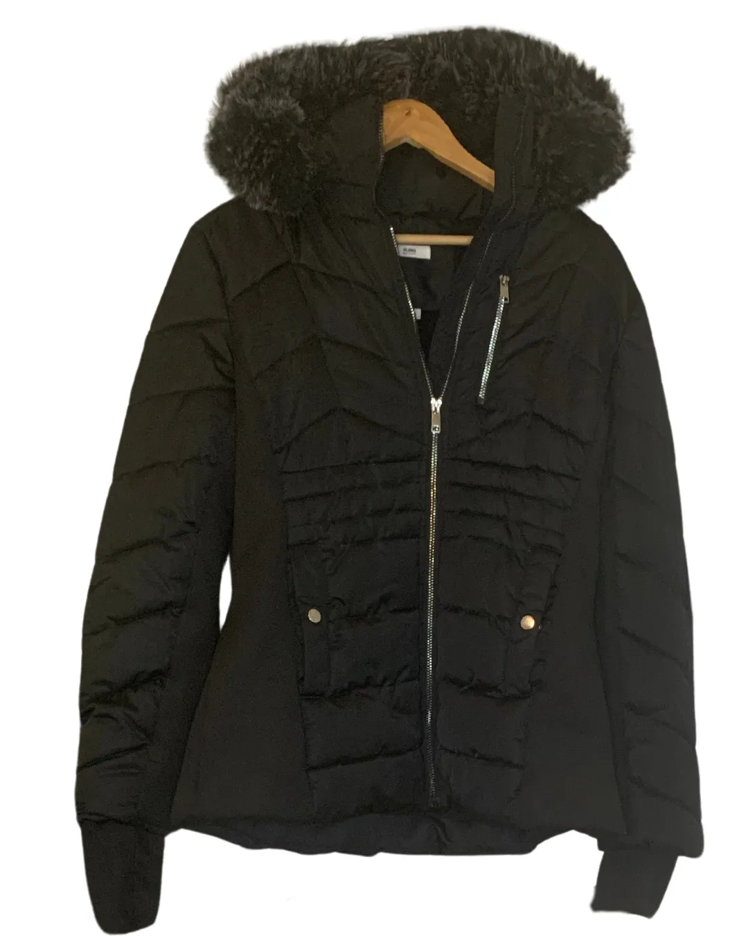 Black Puffer Coat with Faux Fur Hood; M