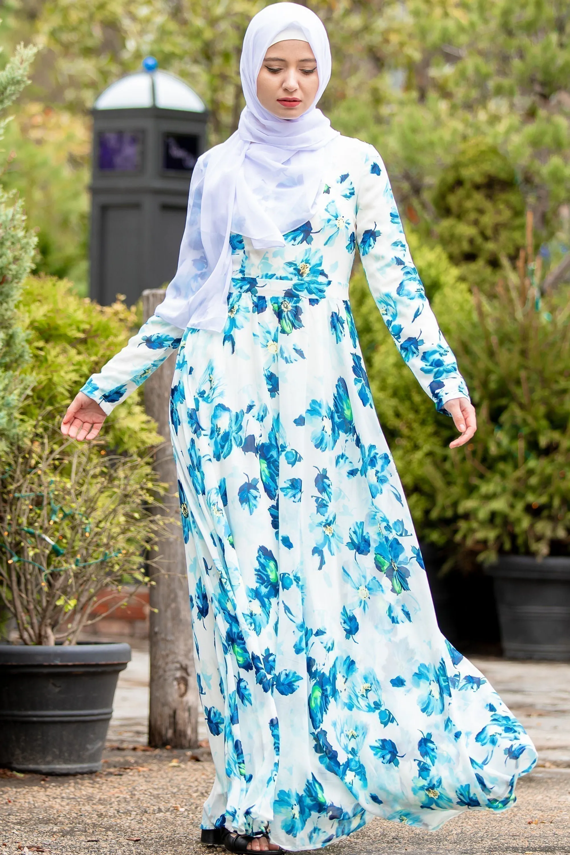 Blue Me Away Chiffon Maxi Dress With Sleeves-CLEARANCE