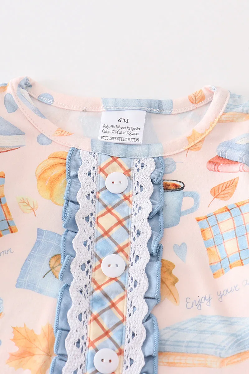 Blue plaid pumpkin print ruffle baby romper