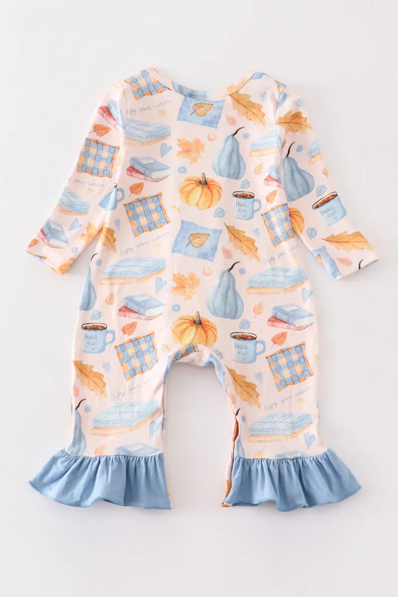 Blue plaid pumpkin print ruffle baby romper