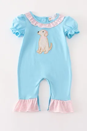 Blue puppy applique girl romper