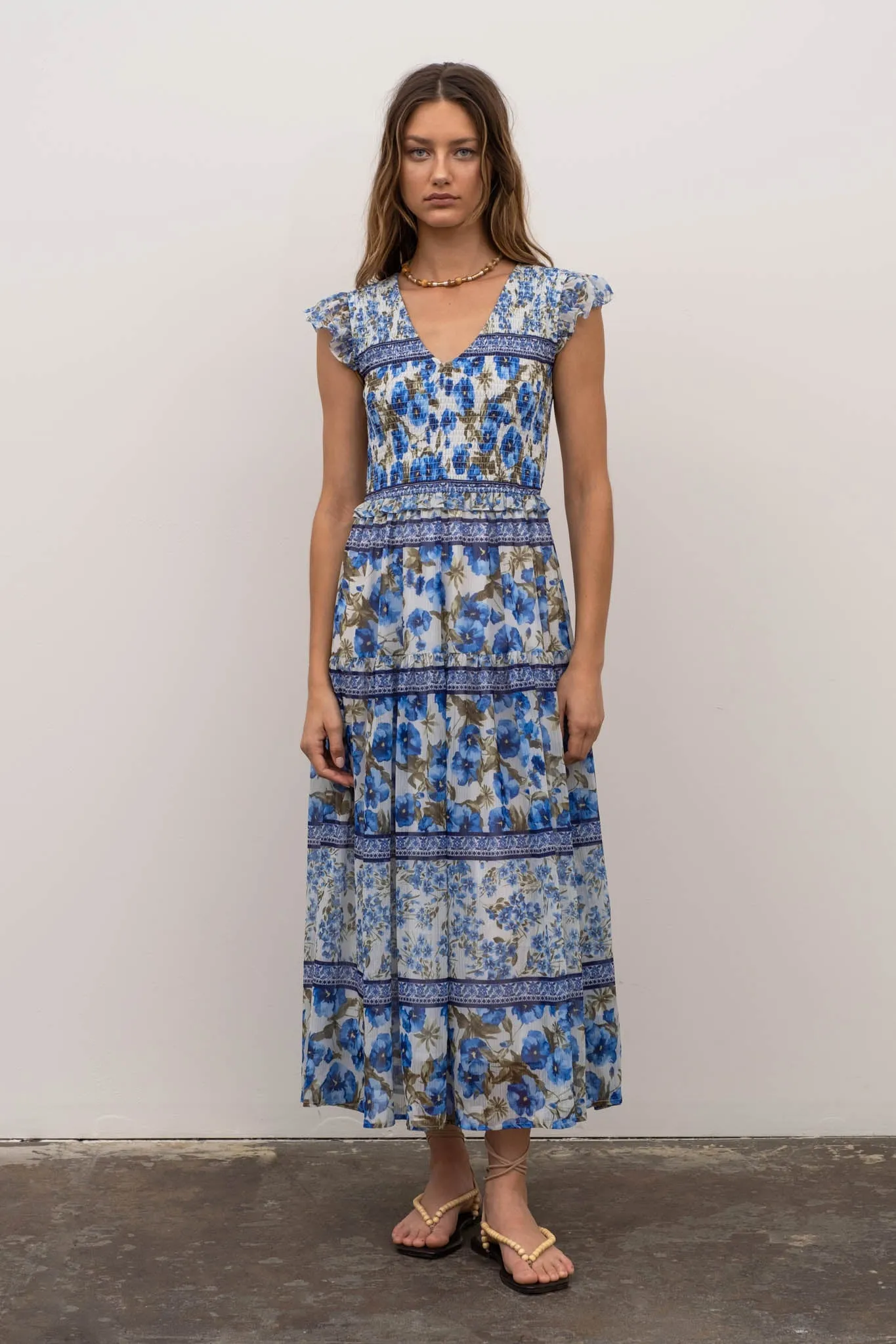 Boarder Print Blue Floral Midi Dress