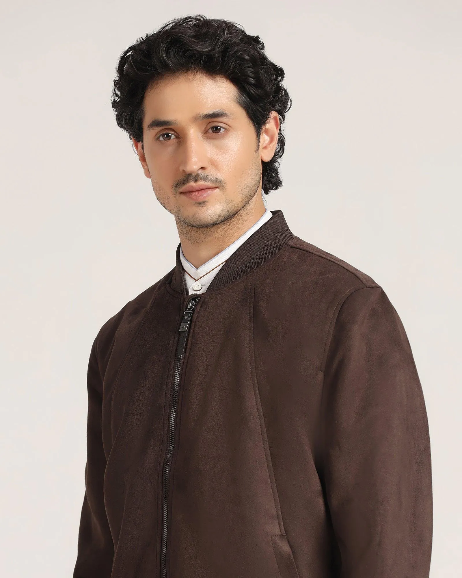 Bomber Coffee Brown Solid Zipper Jacket - Raul