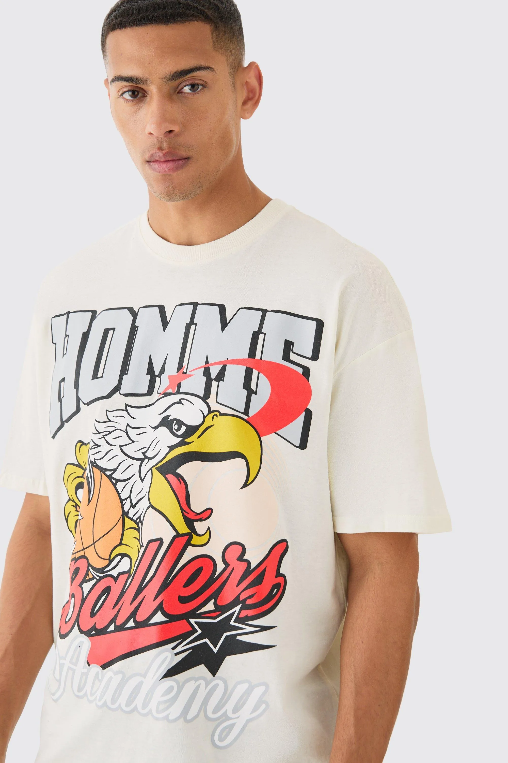 Boohoo Ecru Oversized Homme Eagle Graphic Mens T-Shirt