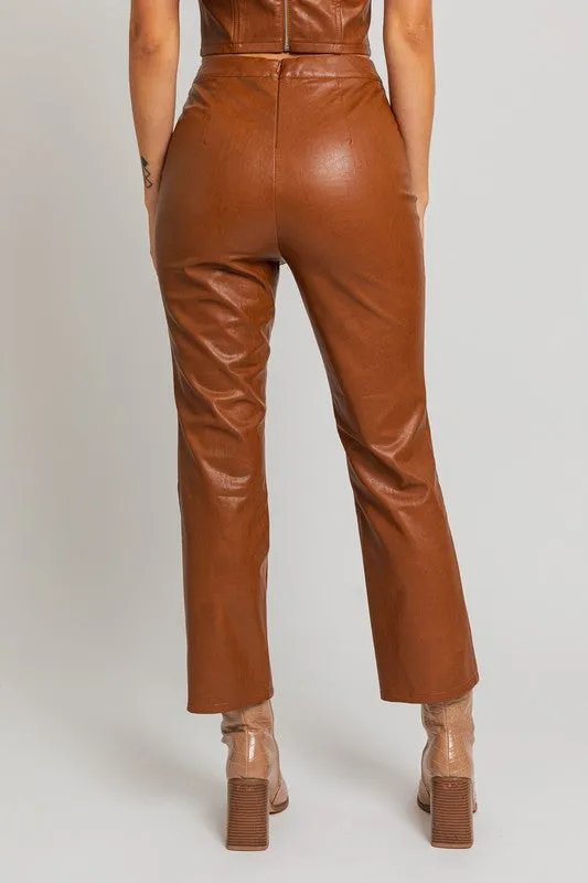 Brown Faux Leather Straight Pants