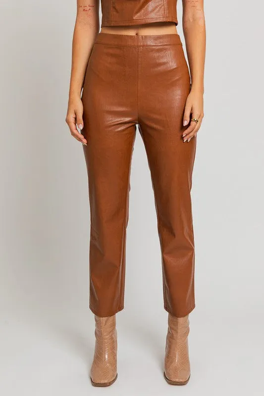 Brown Faux Leather Straight Pants