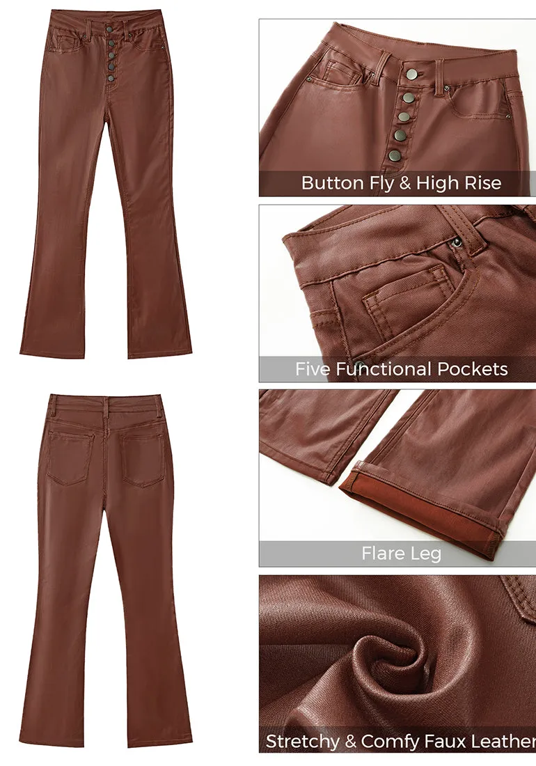 Brown Women's Bell Bottom High Waisted Faux Leather Pants Flare Pants