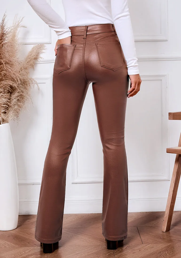 Brown Women's Bell Bottom High Waisted Faux Leather Pants Flare Pants