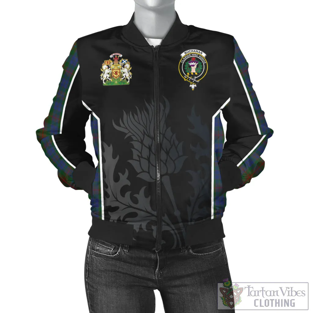 Buchanan Hunting Tartan Bomber Jacket with Family Crest and Scottish Thistle Vibes Sport Style