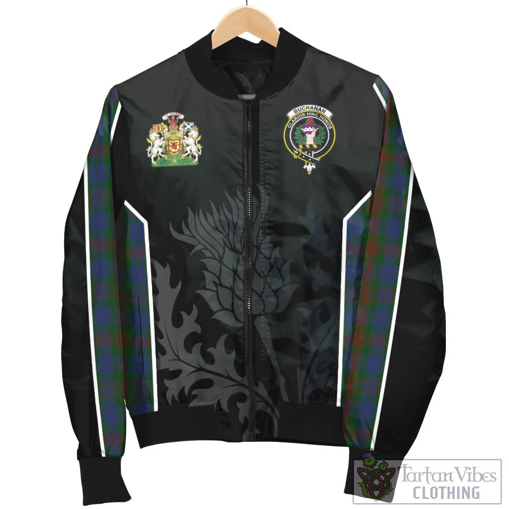 Buchanan Hunting Tartan Bomber Jacket with Family Crest and Scottish Thistle Vibes Sport Style