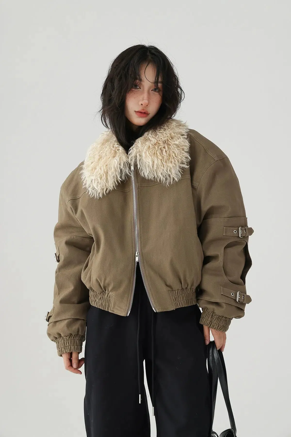 Buckle Accents Shearling Collar Jacket