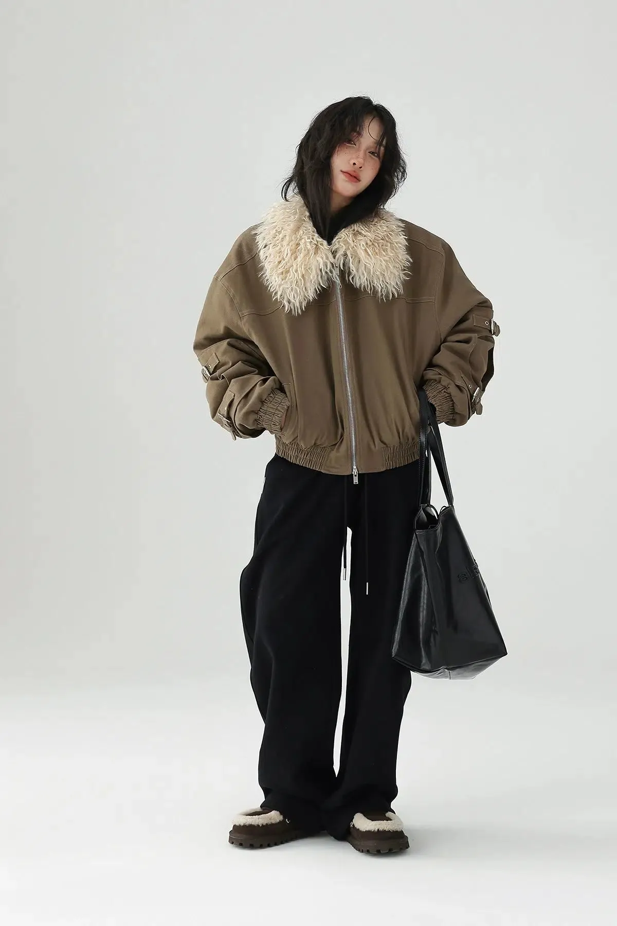 Buckle Accents Shearling Collar Jacket