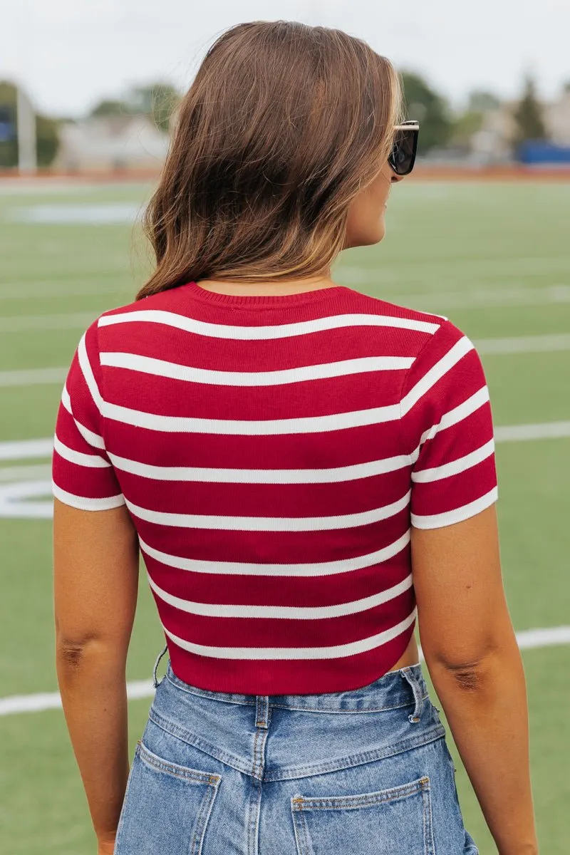 Burgundy and White Striped Cropped Sweater - FINAL SALE