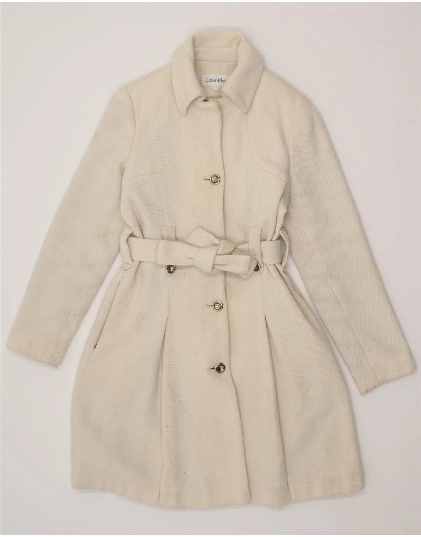 CALVIN KLEIN Womens Overcoat US 2 XS Beige Wool